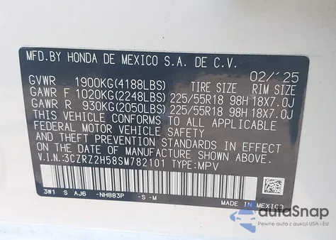 2025 Honda Hr-V Awd Sport из США, поврежденный, VIN 3CZRZ2H58SM782101